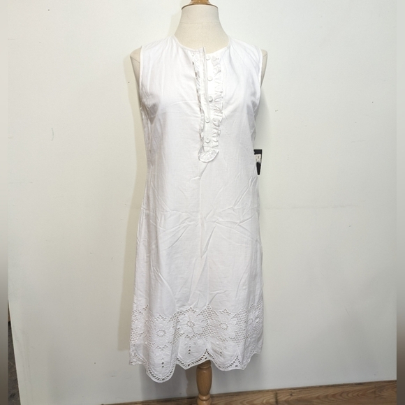 Powwow White Sleeveless Cotton Eyelet  Dress Lace Button Up 8 Cutwork - Picture 1 of 15
